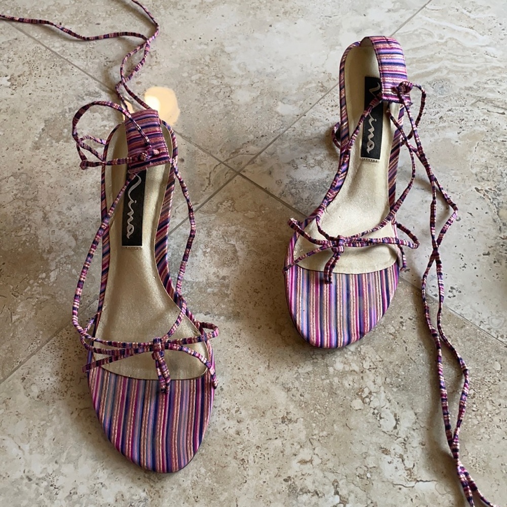 Pink striped lace up sandals